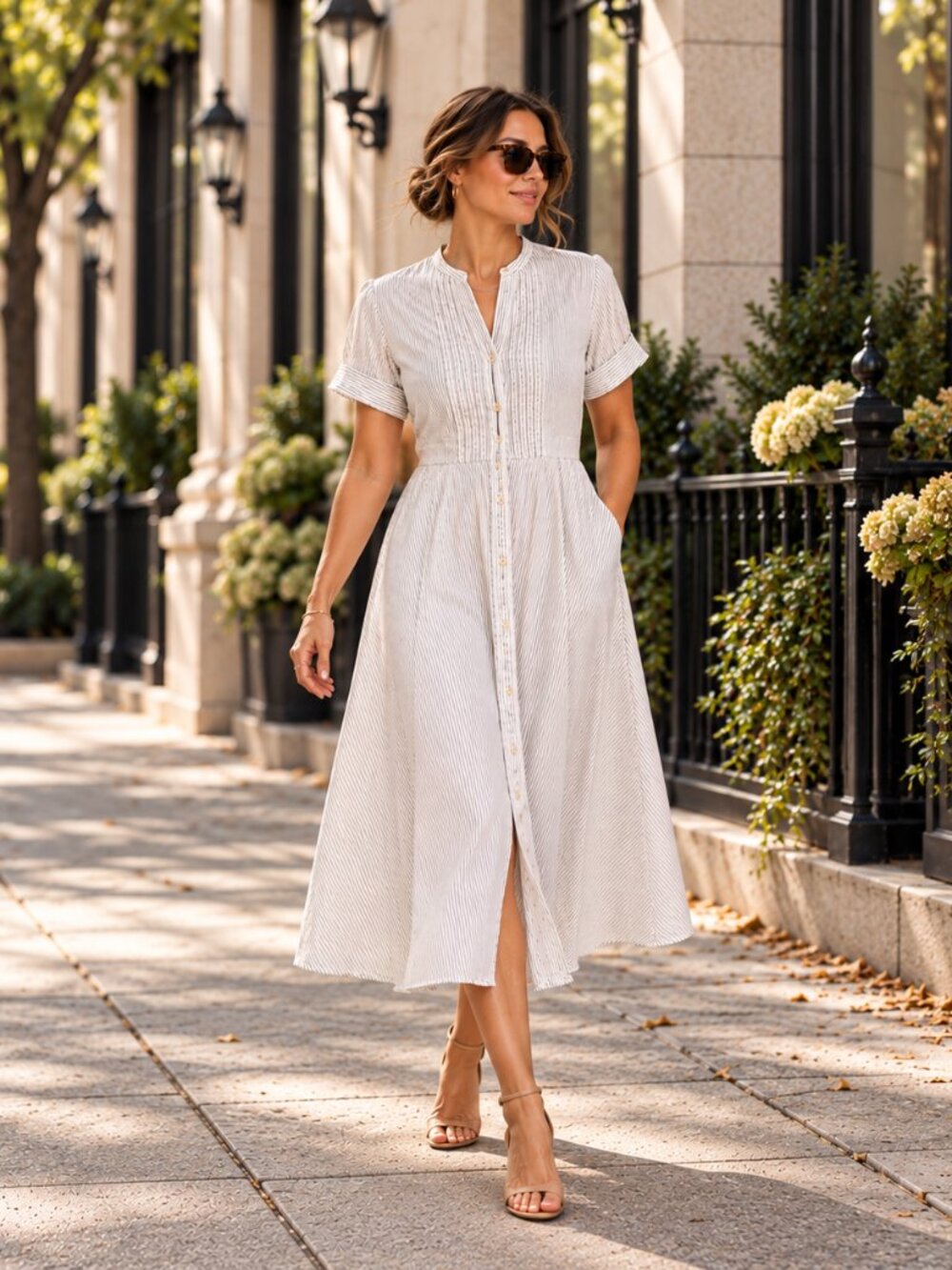 Gap Pinstripe Cotton Button Front Midi Shirtdress |Size 14